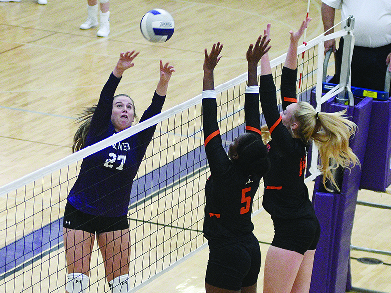 Gilmer’s Lauren Smith tips the ball over the net and had 10 kills and 19 digs at Saturday’s Raider Rally.