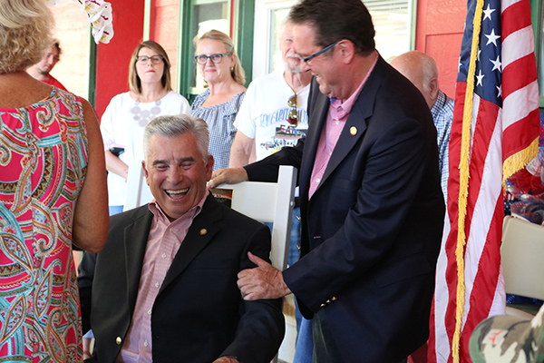 N.C. Rep. Kevin Corbin (right) jokes with N.C. Sen. Jim Davis after they announced Corbin would run for Davis’ seat in 2020.