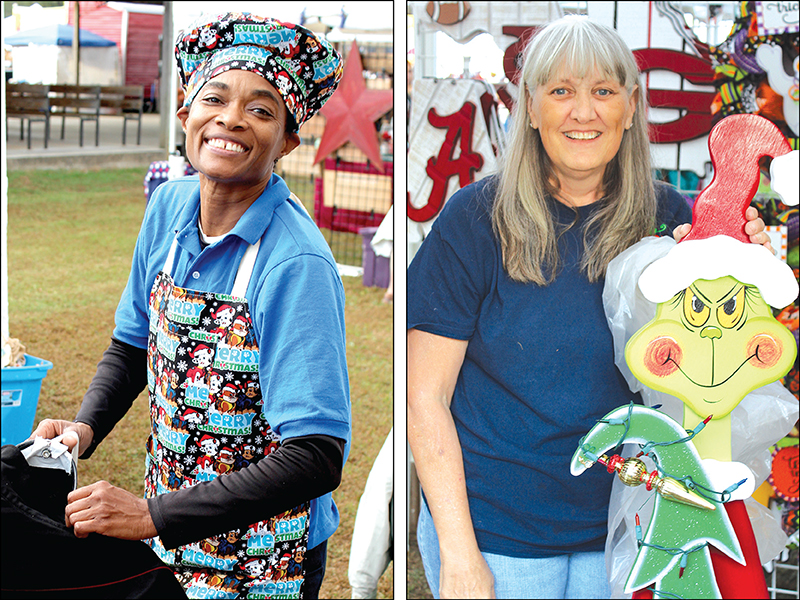Left, Cicily Sykes, of Powder Springs, sets up shop at the Springs BBQ Affairs booth before the Apple Festival gets underway. Right, Pat Lewis, proprietor of Crafts by Pat, traveled from Covington to set up her Apple Festival booth with help from the Grinch. 