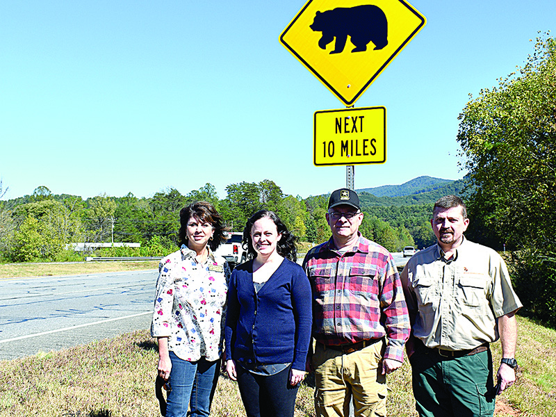 Left to Right.  Emily Dunn, GDOT board member, 9th Congressional District, and Christina Barry, PE, District 6 traffic engineer, Gerald D. Hodge, Jr., Appalachia Georgia Friends of the Bears Founder, and Adam Hammond, chief bear biologist for GDNR.