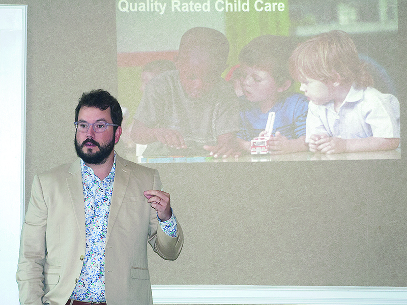 Clayton Adams, of the Georgia Department of Early Care and Learning (DECAL), talks about the shortage of licensed child care facilities in the county during a recent Gilmer Family Connection collaborative workshop.