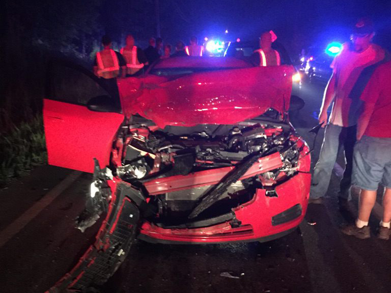 The 2014 Chevrolet Cruze driven by Robert Barrett is shown the night of the wreck on Highway 382 on July 11, 2015. Richard Joseph Burnette left a Ford Ranger pickup abandoned in the roadway without lights or emergency signals, according to documents.