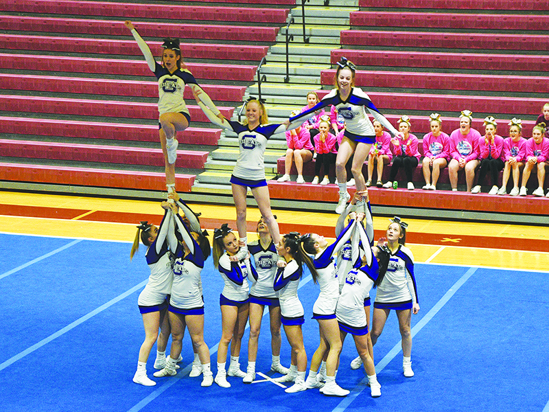 Gilmer High School cheerleaders perform at the region competition last Saturday. They placed second to earn a trip to the Class 4A state sectionals.