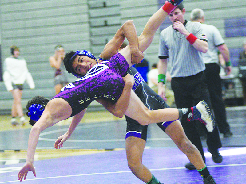 Gilmer’s Walter Lopez takes his Lumpkin County opponent to the mat at last Tuesday’s Bobcats Duals.