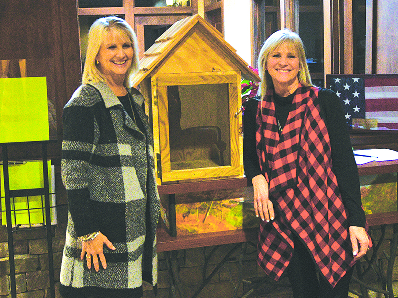 From left, are the Gilmer School System’s chief academic officer Lottie Mitchell and pre-K director Katrina Kingsley with one of eight library kiosks that will be placed around the county after the new year.