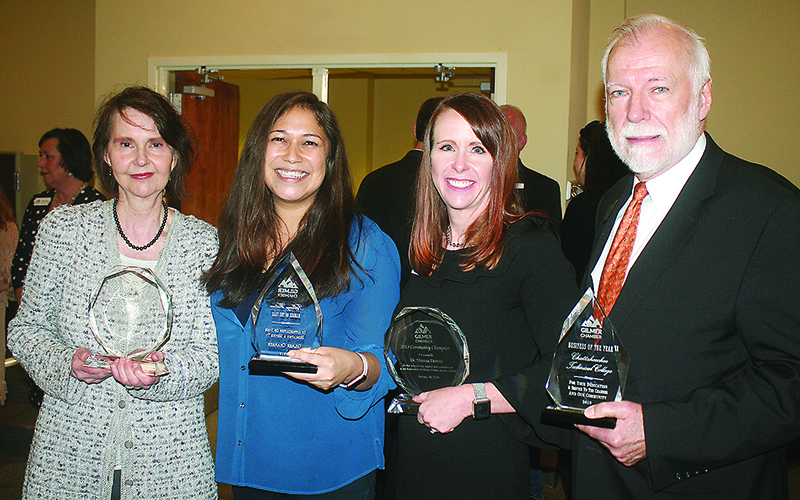 Award recipients are pictured together following the Gilmer Chamber’s annual meeting held last Thursday at Ellijay First Baptist Church. From left: Gilmer Family Connection Director Merle Howell Naylor, Citizen of the Year; Tiffany Watson of Endless Ink, Member of the Year; Gilmer Charter Schools Superintendent Dr. Shanna Downs, Community Champion Award and Chattahoochee Technical College President Dr. Ron Newcomb, Business of the Year. 