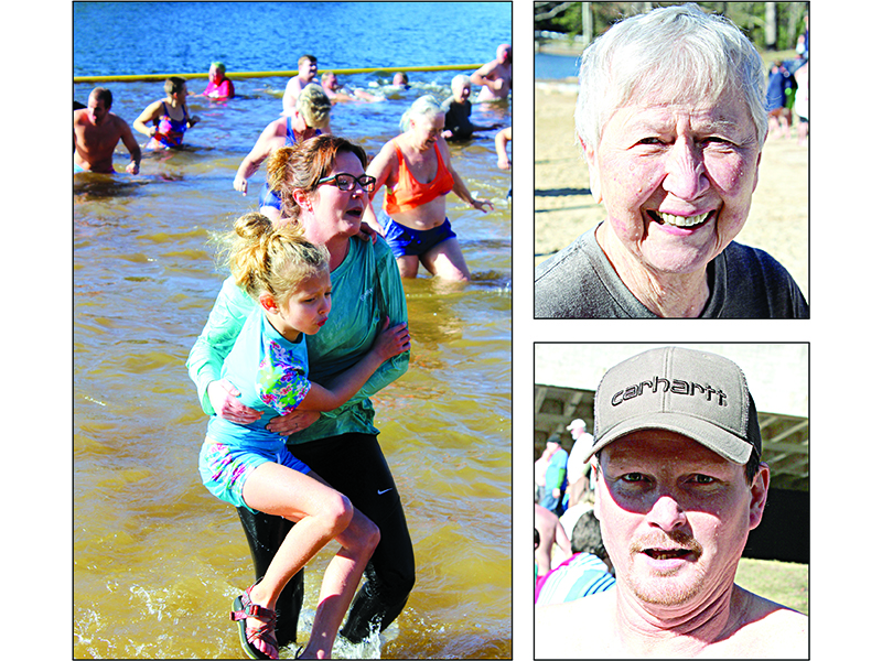 Right, Julie Deloney, of Ellijay and John Boyd, of Chatsworth.Left, a mother tries to hold her daughter above the water as both exit the lake.