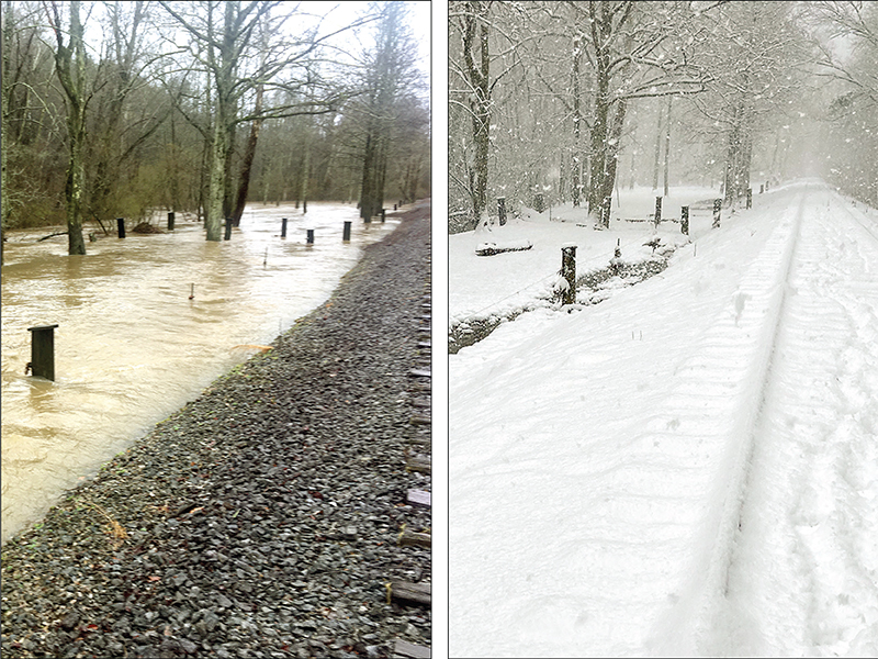 The same view of Cherry Log Creek taken two days apart shows the diverse affects Mother Nature can bring in a short amount of time. At left is the creek after flooding its banks on Thursday. At right, by Saturday the floodwaters had receded, but the area is covered in 5 inches of snow. (Photo bu Rhesa Chastain)