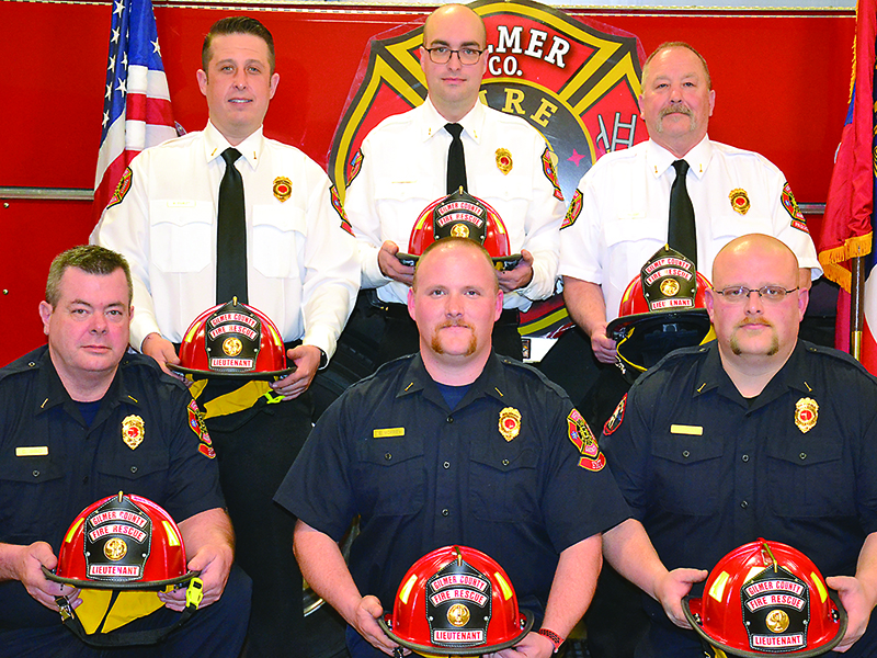 Gilmer Fire and Rescue’s six lieutenants are pictured with their new helmets. From left, back: Mikey Bramlett, Andrew Burnette and Matthew Williams. Front: Chris Bird, C.J. Morris and Marshall Rhodes.