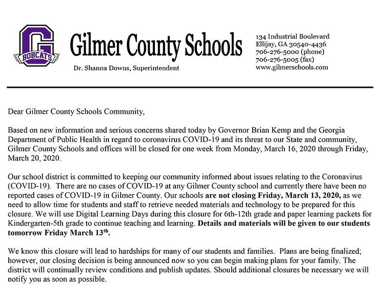 Gilmer Schools COVID-19 letter