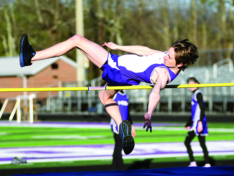 Ayden Fountain clears 5’ 2” in the high jump during last Thursday’s home track meet against Southeast Whitfield and Union County.