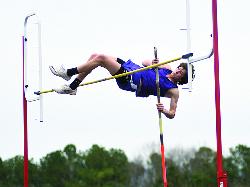 Bobcat Will Kiker pole vaults 11’ 6” to finish first at last Wednesday’s track meet between Gilmer, Fannin and Johnson high schools.