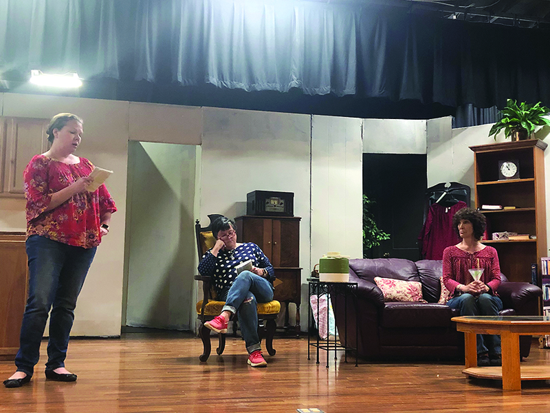 From left, cast members Annette Busateri, Martha Heffner and Nancy Sauls rehearse a scene for Exit Laughing in March. The community theater production that was originally set to run March 27-April 5 will be rescheduled for next year.