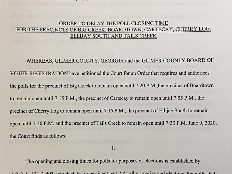 Poll closing has been delayed for the precincts of Big Creek, Boardtown, Cartecay, Cherry Log, Ellijay South and Tails Creek.