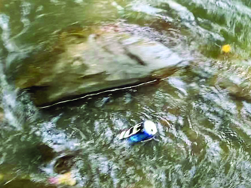 A beer can floating down the Cartecay River, photographed from the covered bridge at Blackberry Mountain.
