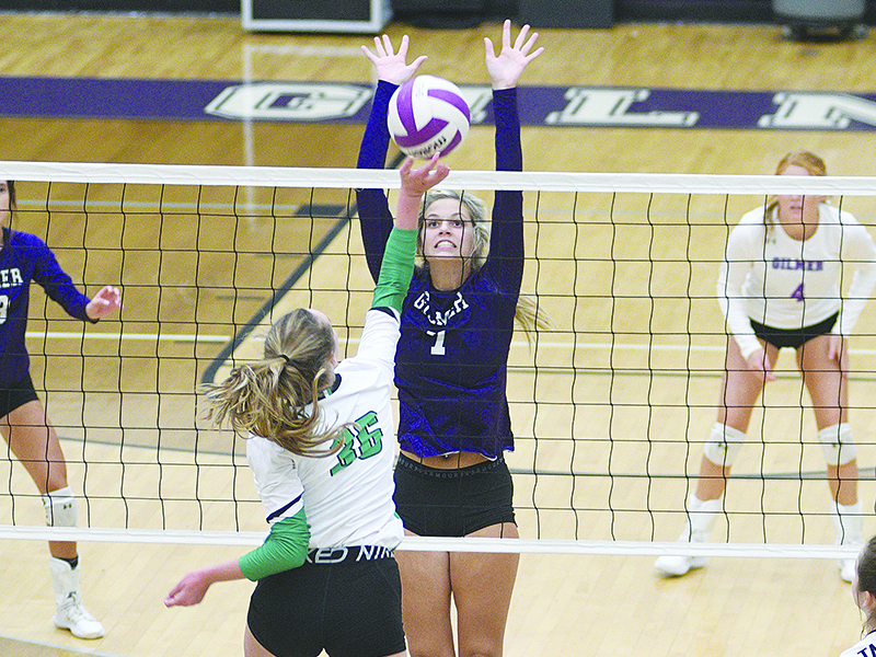 Lady Cat Elly Callihan goes up for a block and set Gilmer High’s single match record for kills (19) earlier this season.