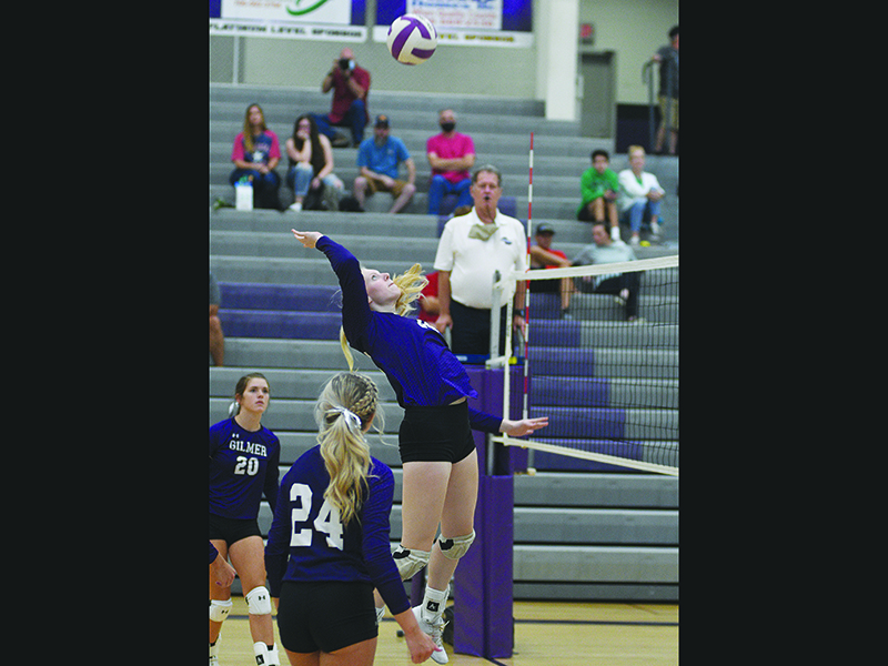 Gilmer’s Taylor McCormick plays a ball at the net and tallied 10 kills for the Lady Cats last week