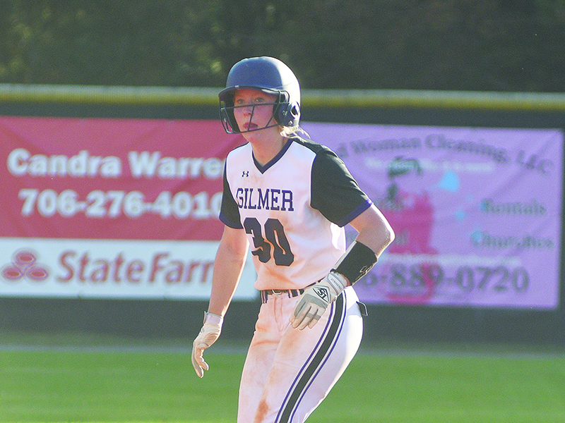 Gilmer’s Taylor Elliott gets a lead at second base last Tuesday and had two hits including a home run versus Ringgold.