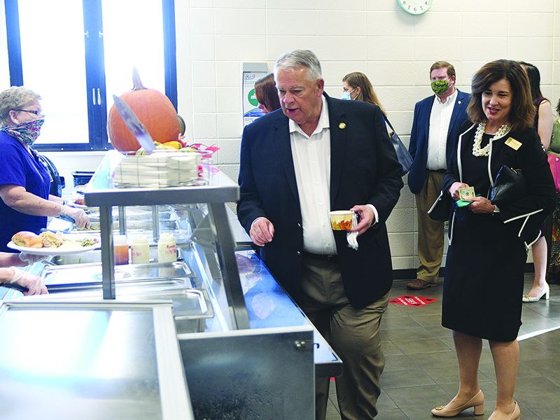 Georgia’s agriculture and education departments kicked off the Vision 2020 at Gilmer High School last Thursday. Above, from left are Speaker of the Georgia House of Representatives David Ralston and State School Nutrition Director Dr. Linette Dodson making their way through the service line to enjoy a Thanksgiving meal that featured Georgia-grown products.