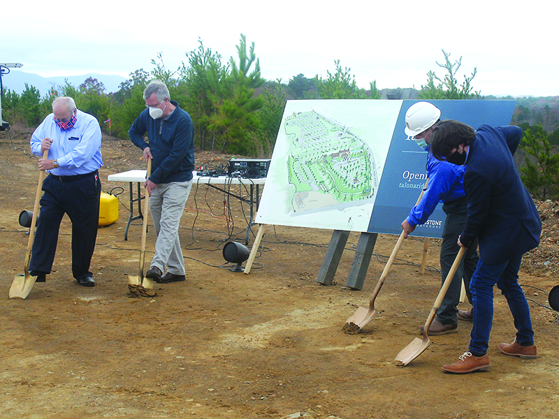 From left, Gilmer County Commission Chairman Charlie Paris, East Ellijay City Planner Mack Wood, Wesley Henderson, of developers OneStone Outdoors and Gilmer Chamber Board Chairman Chris Wang break ground on the Talona Ridge RV Resort last week.