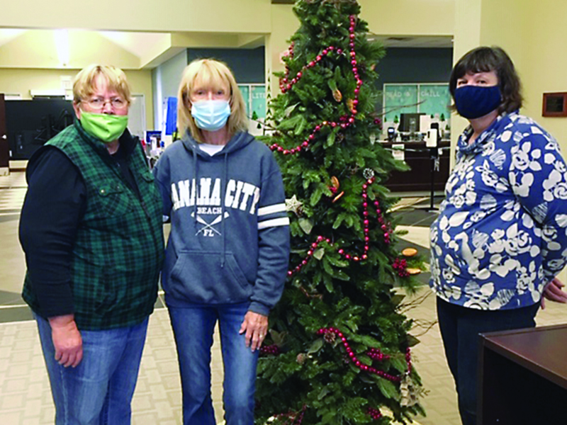 Representatives of several local organizations and businesses have decorated Festival of Trees entries at the Gilmer County Library. Above, Pam Johnson, Karen Vitelli and Leslie Thomas, of the Gilmer Historical Society/Tabor House Museum. 