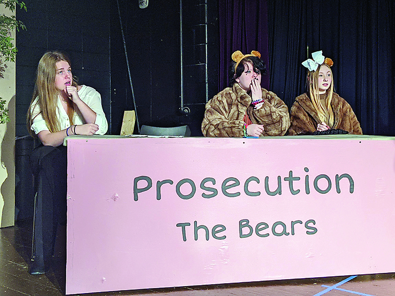 From left, Olivia Shull, Rachel Ballew and Cloie Burnell rehearse a scene for the upcoming Gilmer High School Theater production, Goldilocks On Trial. 