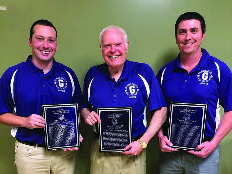 Above are the Gilmer Sports Hall of Fame’s 2021 inductees Wes Tankersley, Joe K. McCutchen Jr. and Larry Bryant.