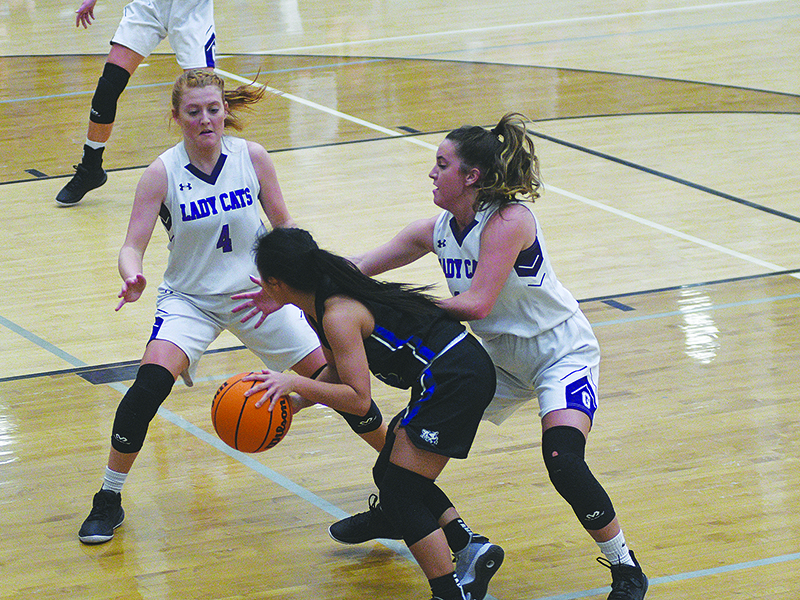 Hope Colwell (4) and Beth Burnette guard the perimeter.