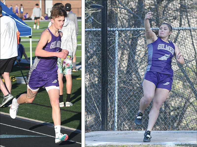 From left, Gilmer’s Dylan Byrd competes in the 3,200-meter run and Jocelyn Birko throws the discus at last Thursday’s home meet. Both finished first in their respective event.