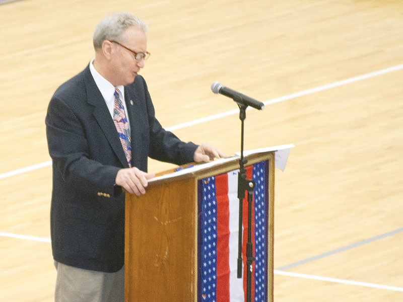 Mark Millican addresses participants at the Veterans program at GHS