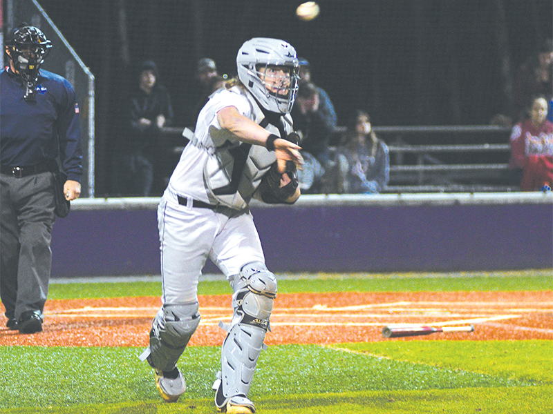 Gilmer senior catcher Brock Titus makes a throw to first and drove in three runs in the Bobcats’ win versus Gordon Central.