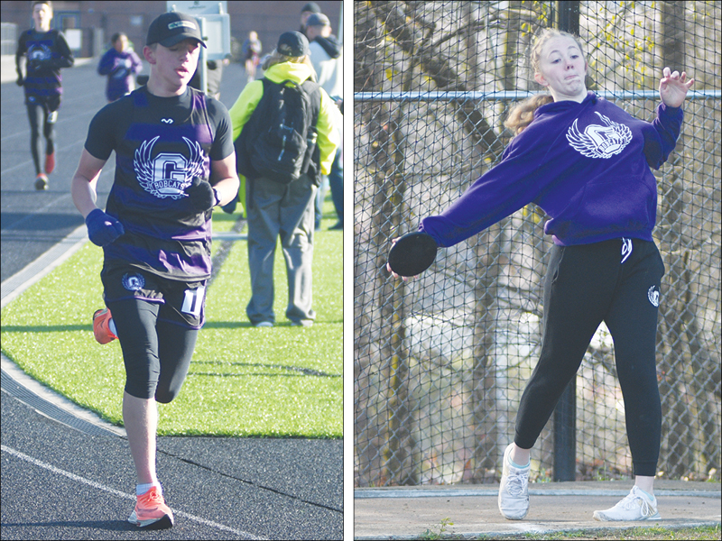 Clear Creek’s Dawson Richard (left) and Lilyan Cook (right) compete at last Saturday’s Middle School Mountain Invitational. Richard won the boys 3,200 and 800 meter runs, as well as the discus. Cook came away with first place in the discus and shot put.