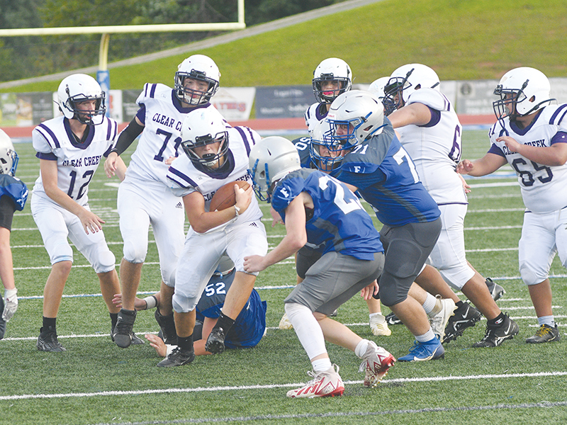 Clear Creek eighth grader Madden Hopkins scores the winning touchdown versus Fannin County last Tuesday.