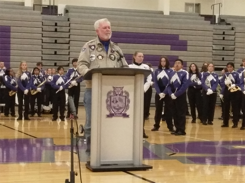 Guest speaker Ben Arp, a Vietnam War veteran and former Gilmer Schools Superintendent, talks about the purpose of Veterans Day, the wide-ranging duties of the American military and the countless sacrifices made by veterans. 