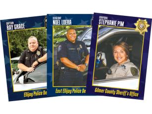 Produced as part of a Leadership Gilmer class project, an upcoming line of “Super Squad” trading cards features local police officers from all three county and city departments. Pictured, from left, are Ellijay Police Capt. Ray Grace, East Ellijay Police Sgt. Noel Loera and Gilmer Sheriff’s Office Cpl. Stephanie Pim.