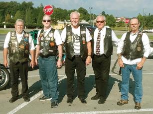 Ellijay American Legion Riders Pat Buchanan, Fred McGill, Art Dodge, Gary Johnson and Tim Duffey are pictured before leaving Gilmer County to be in a motorcycle procession that escorted the previously unclaimed remains of eight veterans to the Georgia National Cemetery in Canton. (American Legion Post 82 photos)