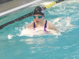 Gilmer’s Esther Bowman swims the breaststroke in the 200-yard medley relay for the Lady Cats.