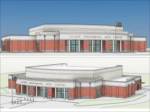 Conceptual renderings of the Gilmer Performing Arts Center by Breaux & Associates Architects.