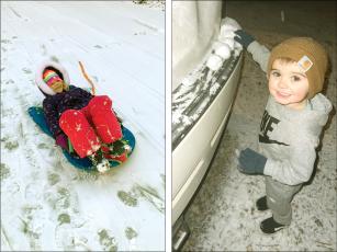 Harper Hoover, age 6, left, and Maddox Wilkie, age 3, right, enjoy the last snow of 2022, which came during the deep freeze of Christmas week. (Photos courtesy Linda Hoover, Amy DeShields)