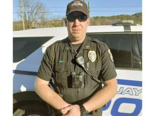 Officer Trevor McClure wears one of the new body cameras the Ellijay Police Department was able to purchase using a grant from Faith, Hope and Charity Recycle Store Inc. 