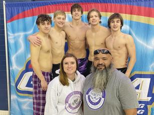 Joining Gilmer High coaches Paige Johnstone and Alton Guidry are state qualifying swimmers Jacob Kucera, Cheyne Smith, Ian Berry, Law Lykins and Larz Fowler.