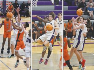 The Gilmer High trio of sophomore Jackson McVey, freshman Keegen Bryant and junior Ryder Wofford combined to score 70 points in the first round of the Class 3A state basketball tournament last Wednesday versus Hart County. McVey and Wofford each tallied 24 points and Bryant finished with 22.