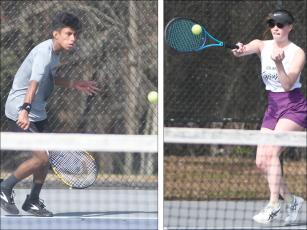 From left, are Gilmer’s No. 1 singles Bobcat Eder Martinez and Lady Cat Ollie Burnett in final match of the regular season versus Wesleyan last Tuesday.