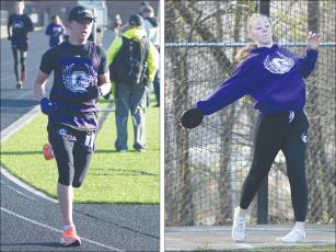 Clear Creek’s Dawson Richard (left) and Lilyan Cook (right) compete at last Saturday’s Middle School Mountain Invitational. Richard won the boys 3,200 and 800 meter runs, as well as the discus. Cook came away with first place in the discus and shot put.