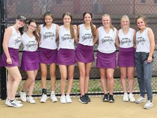 Above are the Gilmer Lady Cats after securing a state tennis tournament berth last Tuesday. From left are, Ollie Burnett, Lyric Lowman, Chelsey Griggs, Katelyn Campbell, Madison Bradshaw, Lucy Ray, Lyla Engle and Bree Burnette. 