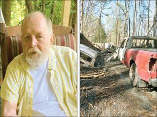 Kenneth Cameron, above, lost his camper home and pickup truck in a recent fire, the aftermath of which is seen at right.