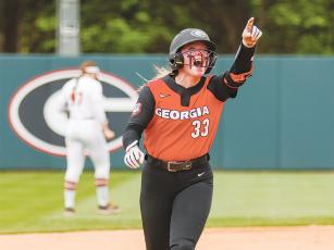 Georgia’s Sara Mosley makes her way to third base after hitting a home run during the Bulldogs’ win versus Virginia Tech on the second day of the NCAA Division I Softball Championship’s Athens Regional. (Photo Courtesy of Tony Walsh/UGA Athletic Association)