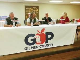 Ellijay city election candidates participating in a public forum hosted by the Gilmer GOP last Thursday were, from left: Tom Crawford (city council), Thomas Griffith (city council), Mayor Al Hoyle (mayor) and Sandy Ott (mayor).