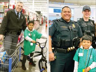 Above left, David Jones, a state trooper from Gilmer County, left, was among the many local and area police and fire department representatives who participated in the fifth annual Shop With a  Hero program. At right, East Ellijay Police officers Sgt. Noel Loera, back left, and  patrolman Logan Bristol, back right, get ready to lead shopping trips at the East Ellijay Walmart during the fifth annual Shop With a Hero day.