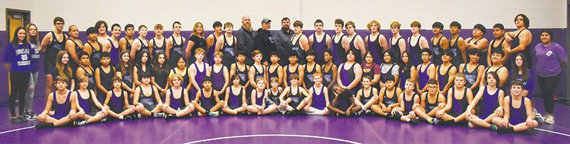 Above are Clear Creek wrestlers, managers and coaches. The Bobcats placed second at the Mountain League duals and traditional tournaments.